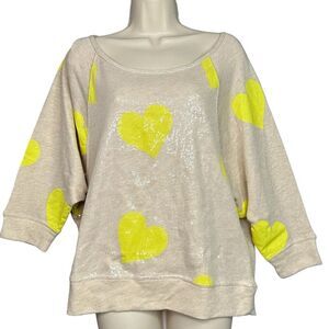 Hard Candy Sweatshirt Womens‎ Sz XXL (19) Beige Sequins Yellow Hearts 3/4 Dolman